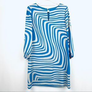 Tahari Blue Swirl Striped Dress Gold Accents Sz 4